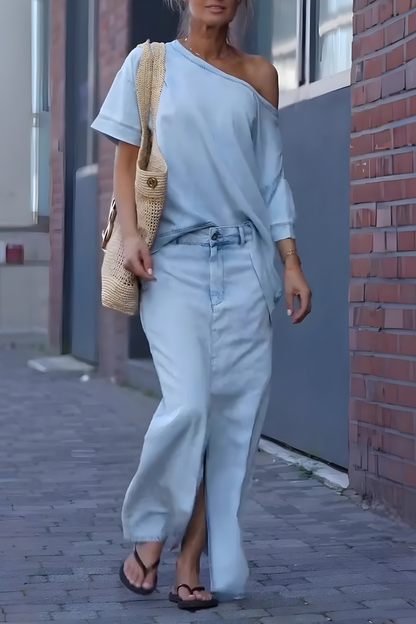 Milou™ | Dames Diagonale Schoudertop met Gesplitste Lange Rok