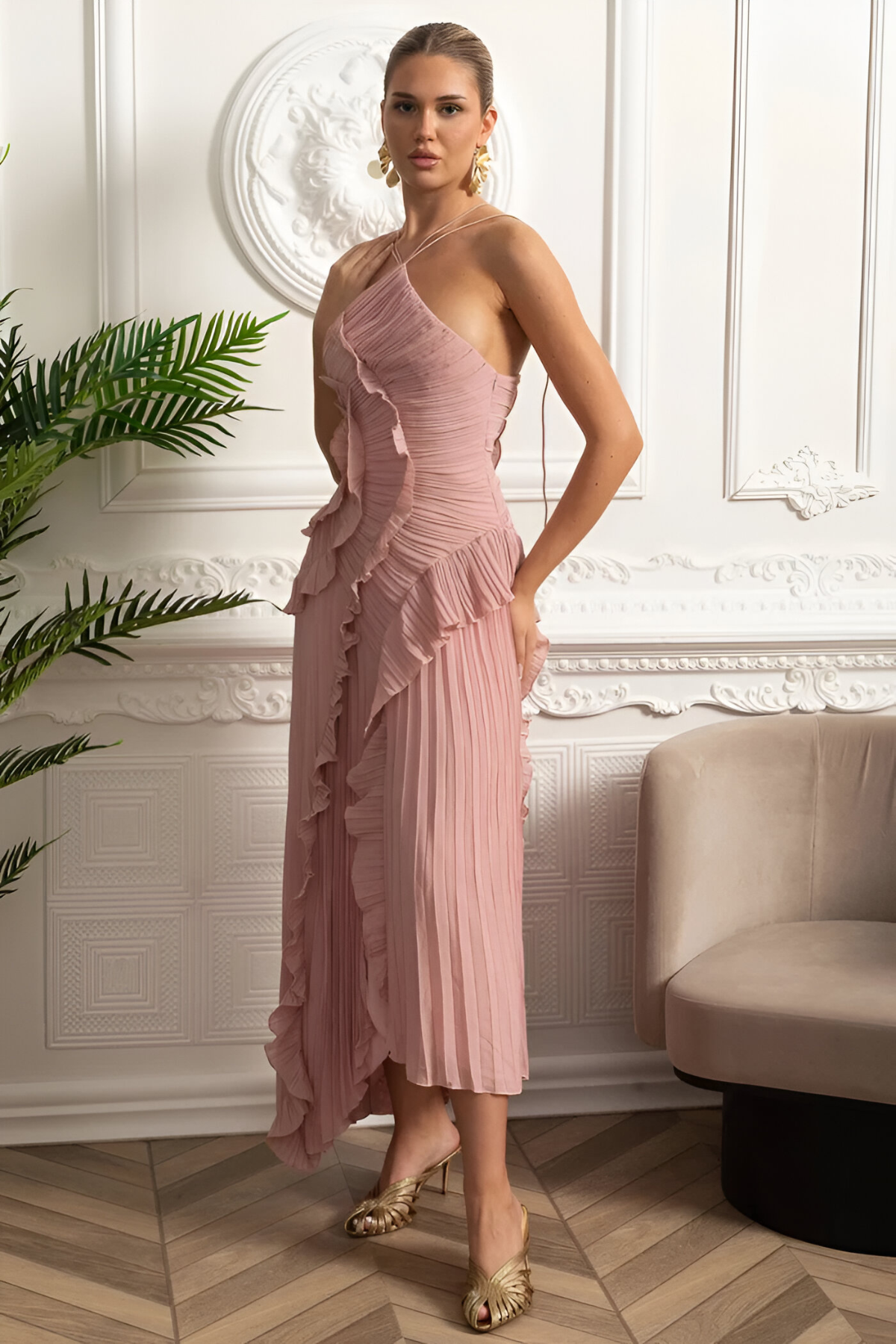 Valerie™ | Geplooide Halter Midi-jurk met Watervalvolants