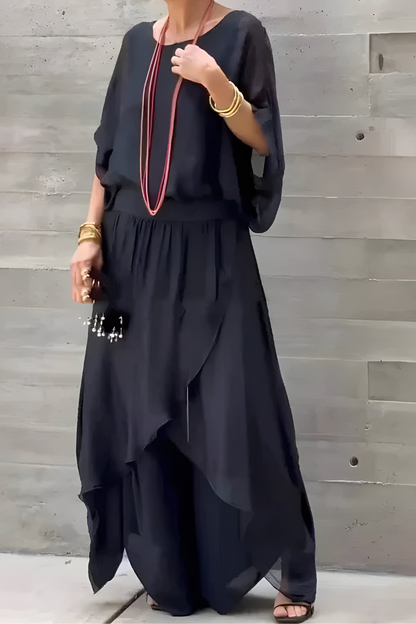 Carlotte™ | Losvallende top & wijde broek met split – chiffon tweedelige set
