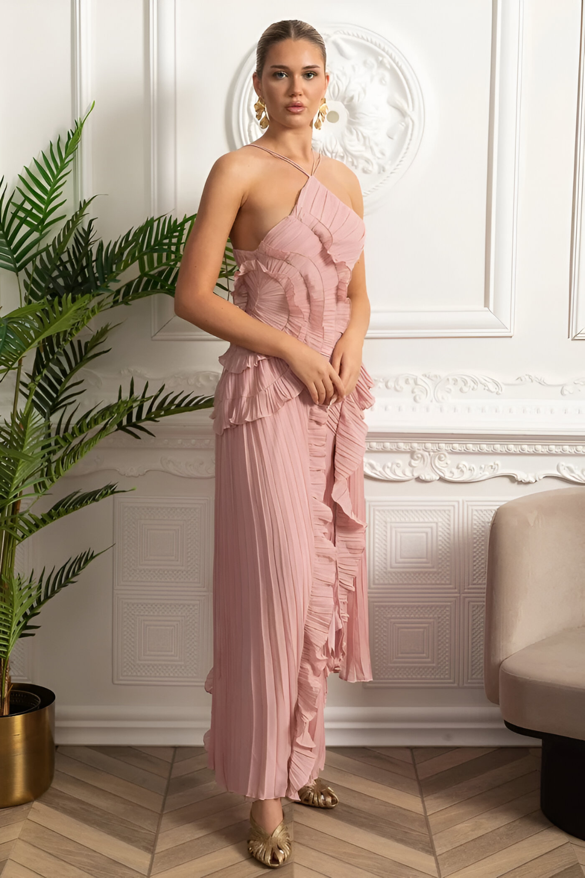 Valerie™ | Geplooide Halter Midi-jurk met Watervalvolants