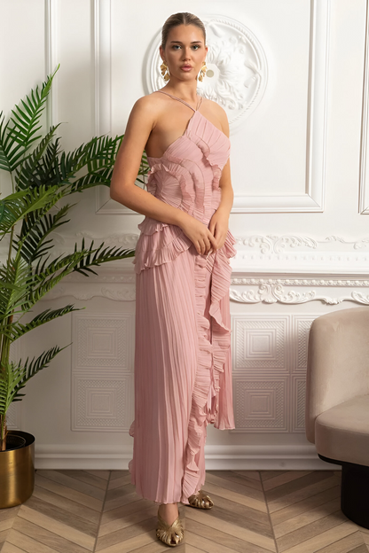 Valerie™ | Geplooide Halter Midi-jurk met Watervalvolants