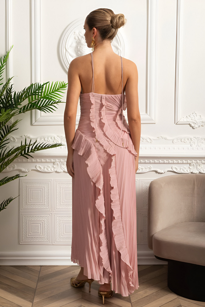Valerie™ | Geplooide Halter Midi-jurk met Watervalvolants