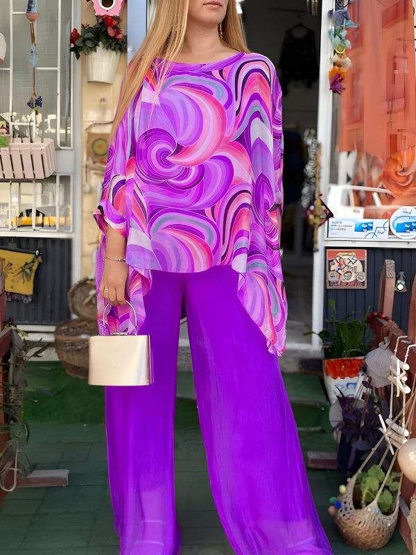 Nicole™ | Kleurrijke Chiffonset Met Ronde Hals En Print, Casual Stijl